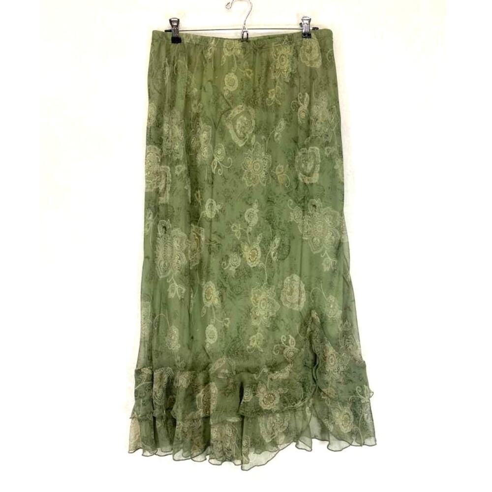 Avenue Women's Long Floral Skirt in olive green with ruffle detail Sz 14/16